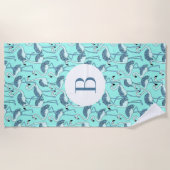 Serviette De Plage Flamants roses tropicaux bleu monogramme (Devant)
