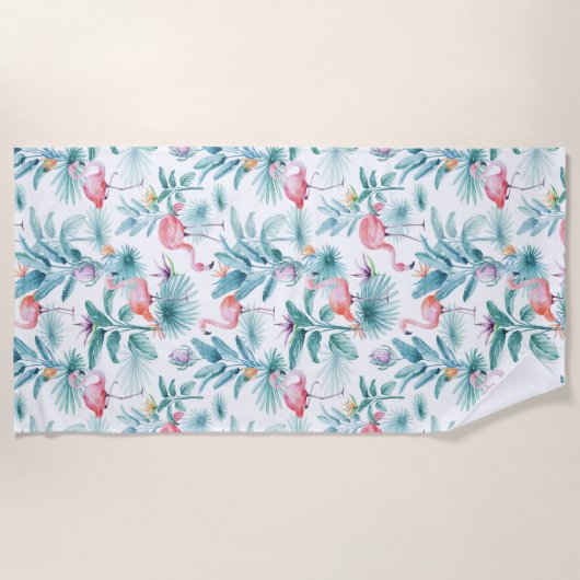 Serviette De Plage Flamants roses tropicaux feuille motif (Devant)