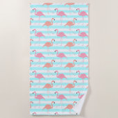 Serviette De Plage Flamants sur Rayures Bleues (Devant)