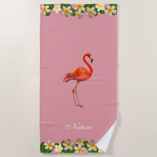 Serviette De Plage Flamingo & Fleurs de Plumeria sur Rose Gold Rose