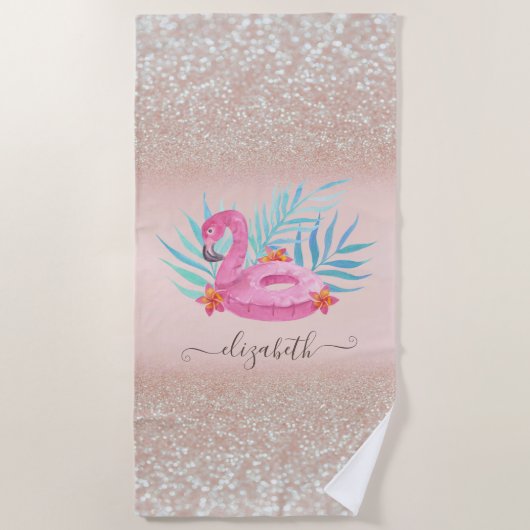 Serviette De Plage Flamingo Pool Float Glitter Bokeh (Devant)