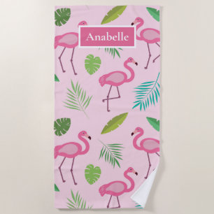 Serviette De Plage Flamingo rose et feuilles tropicaux personnalisés