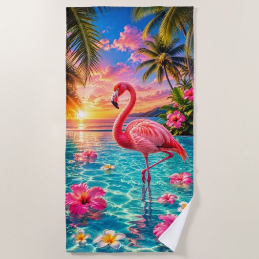 Serviette de plage Flamingo Rose Tropical Piscine (Devant)