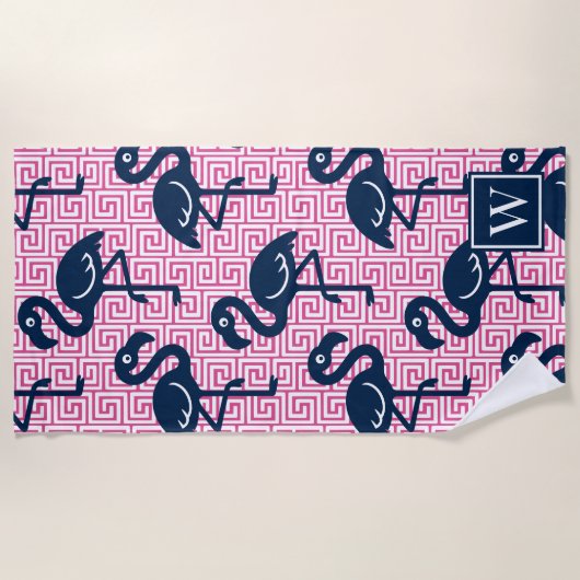 Serviette De Plage Flamingo Tropical Clé Grecque - Monogramme Rose & (Devant)
