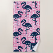Serviette De Plage Flamingo Tropical Clé Grecque - Monogramme Rose & (Devant)