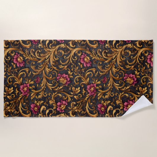 Serviette De Plage Fleur baroque foncée avec volutes dorées (Devant)