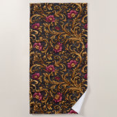 Serviette De Plage Fleur baroque foncée avec volutes dorées (Devant)