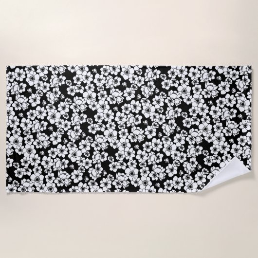 Serviette De Plage Fleur d'anémone noir et blanc (Devant)