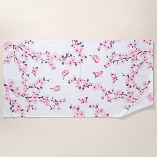 Serviette De Plage Fleur de cerisier rose blanc (Devant)