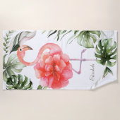 Serviette De Plage Fleur de Flamant rose rose, Feuille de palmier Con (Devant)
