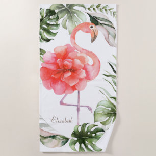 Serviette De Plage Fleur de Flamant rose rose, Feuille de palmier Con