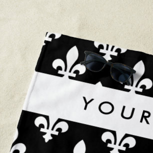 Serviette De Plage Fleur de Lis, Blanc sur Noir, Blanc, Votre Nom