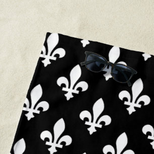 Serviette De Plage Fleur de Lis Motif, Royal French, Blanc sur Noir