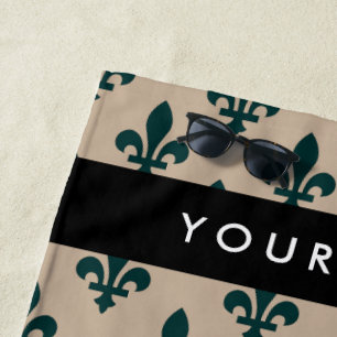 Serviette De Plage Fleur de Lis, Vert sur Beige, Royal, Votre Nom