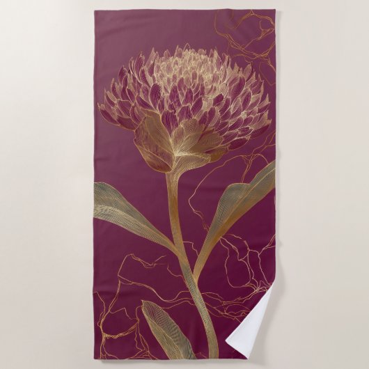 Serviette De Plage Fleur de Protéa dorée Bourgogne Dessin botanique (Devant)