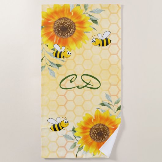 Serviette De Plage Fleur de tournesol jaune abeilles monographie (Devant)