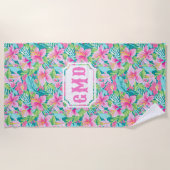 Serviette De Plage Fleur d'Hibiscus tropicaux de Preppy | Monogramme (Devant)