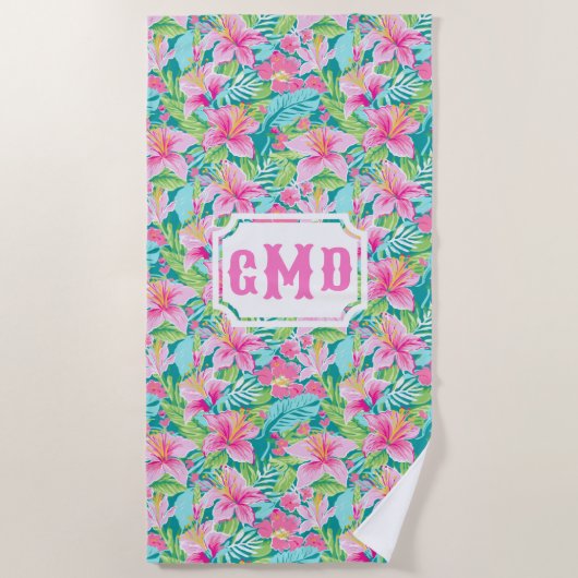 Serviette De Plage Fleur d'Hibiscus tropicaux de Preppy | Monogramme (Devant)