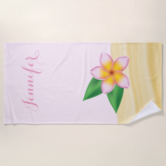 Serviette De Plage Fleur Frangipani Rose Sur Sable Avec Nom Personnal (Devant)