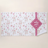 Serviette De Plage Fleur rose molle d'aquarelle du monogramme | (Devant)