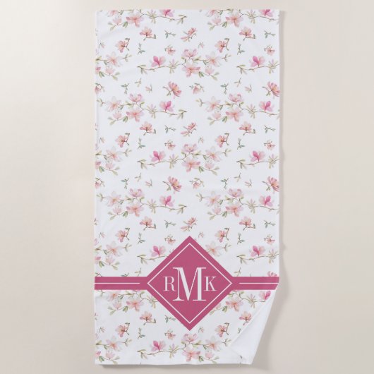 Serviette De Plage Fleur rose molle d'aquarelle du monogramme | (Devant)