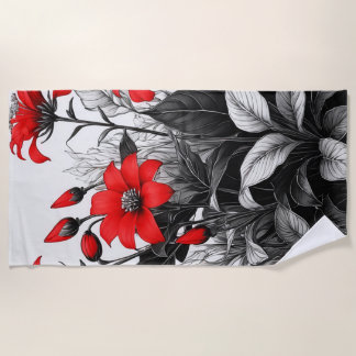 Serviette De Plage Fleur rouge sur Plante noir blanc