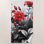 Serviette De Plage Fleur rouge sur Plante noir blanc (Devant)