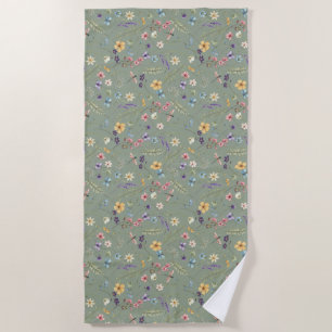 Serviette De Plage Fleur Sauvage et Papillon Vert Sauge