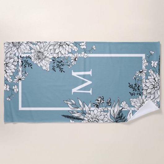 Serviette De Plage Fleur sauvage floral Monogramme botanique bleu bla (Devant)