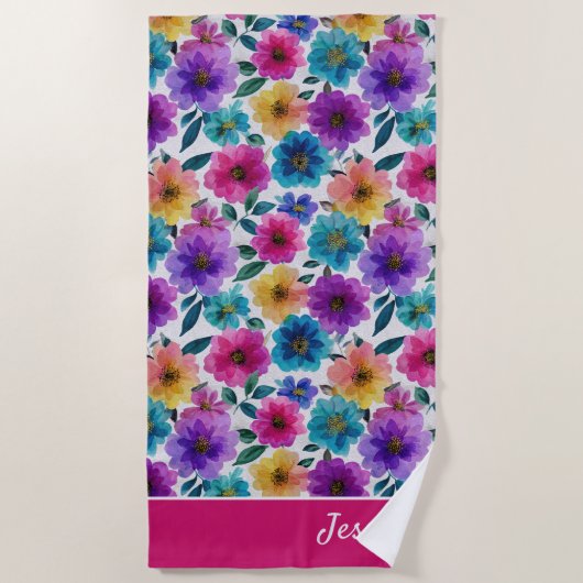 Serviette De Plage Fleur vive Fleur Aquarelle Nom floral (Devant)
