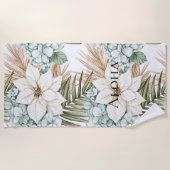 Serviette De Plage Fleurs blanches bleues tropicales (Devant)