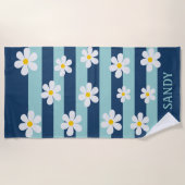 Serviette De Plage fleurs blanches et monogramme de nom à rayures ble (Devant)