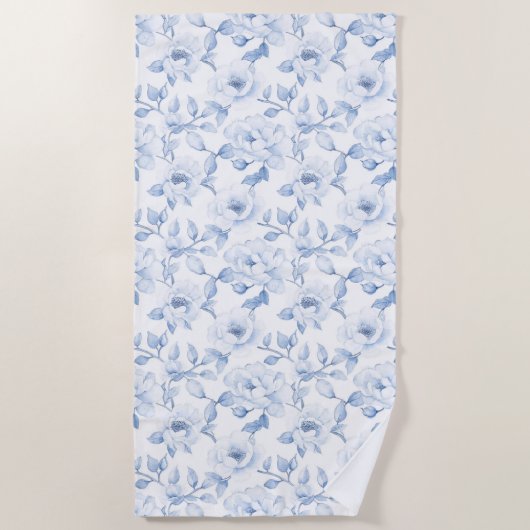 Serviette De Plage Fleurs Blancs Chic Et Joli Bleu (Devant)