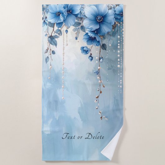 Serviette de plage Fleurs bleues et perles (Devant)