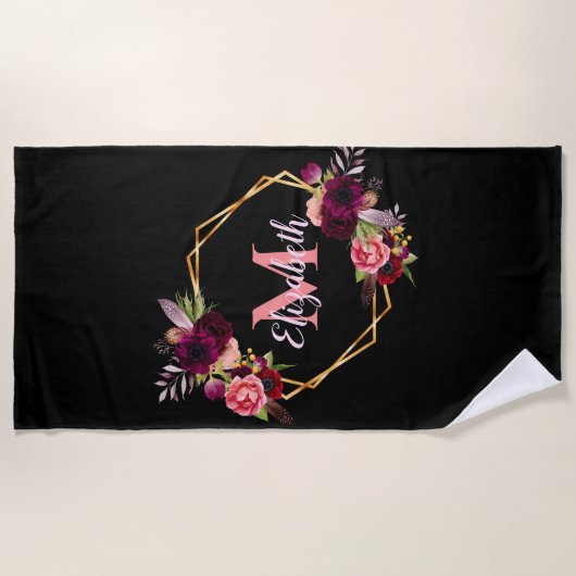 Serviette De Plage Fleurs bordeaux noires monogramme nom géométrique (Devant)