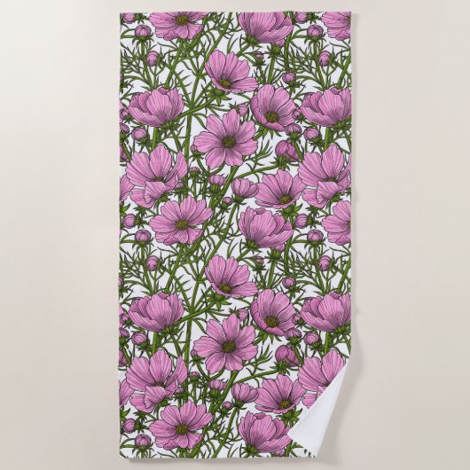 Serviette De Plage Fleurs Cosmos roses (Devant)
