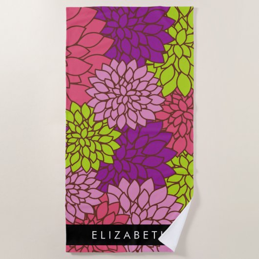 Serviette De Plage Fleurs Dahlia, Fleurs Colorées, Votre Nom (Devant)