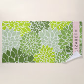 Serviette De Plage Fleurs Dahlia Vertes, Motif Floral, Votre Nom (Devant)