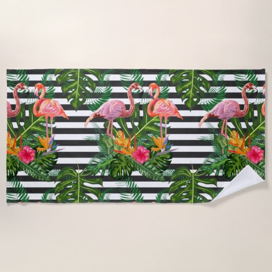 Serviette De Plage Fleurs de Flamant rose Hibiscus Blancs noirs (Devant)