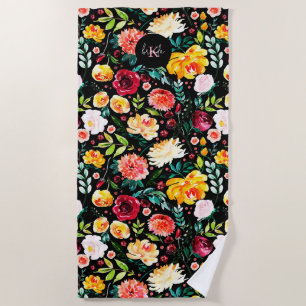 Serviette De Plage Fleurs de jardin anglais coloré monogrammes motif