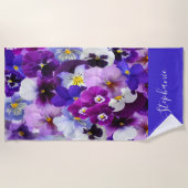 Serviette De Plage Fleurs de Pensées Violet Bleu Blanc Monogramme (Devant)