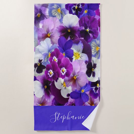 Serviette De Plage Fleurs de Pensées Violet Bleu Blanc Monogramme (Devant)
