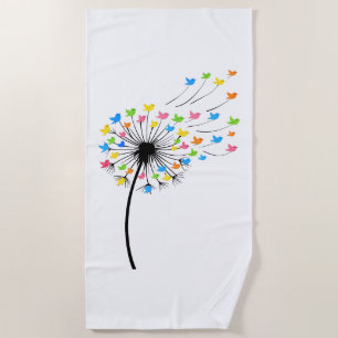 Serviette De Plage Fleurs de pissenlit d'oiseaux colorés en vol