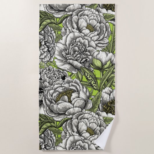 Serviette De Plage Fleurs de pivoines blanches et moisissures (Devant)