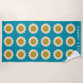 Serviette De Plage Fleurs de Pop Retro Motif Turquoise Personnalisé (Devant)