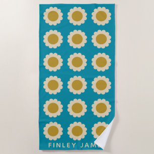 Serviette De Plage Fleurs de Pop Retro Motif Turquoise Personnalisé
