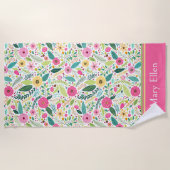 Serviette De Plage Fleurs de printemps roses et vertes (Devant)
