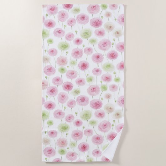 Serviette De Plage Fleurs de renoncule rose menthe (Devant)