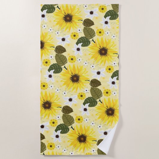 Serviette De Plage Fleurs de soleil Jaune Tropical Floral (Devant)