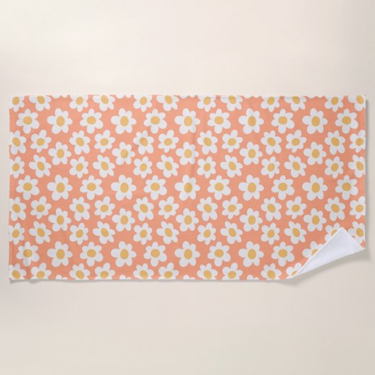 Serviette De Plage Fleurs de style rétro sur arrière - plan orange (Devant)